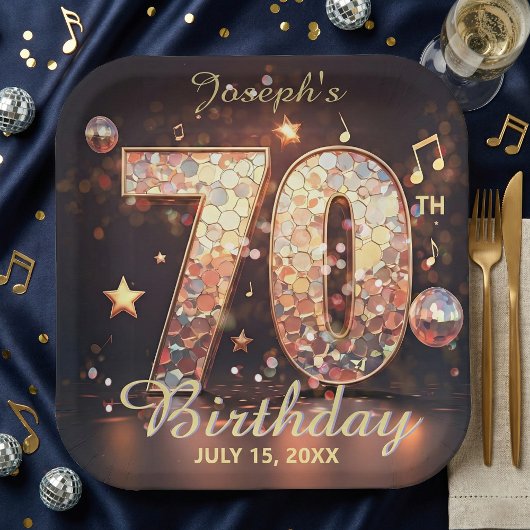 Disco Music Notes Gold Black 70th Birthday Party  ペーパープレート