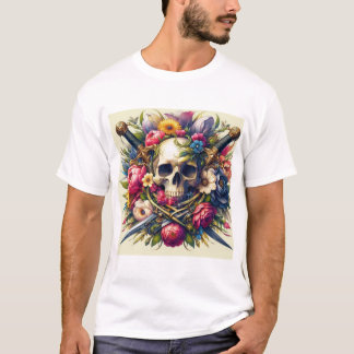 Diseño de Calaveras, Flores y Espadas  Tシャツ