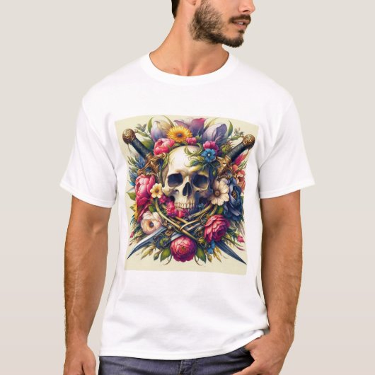 Diseño de Calaveras, Flores y Espadas  Tシャツ (正面)