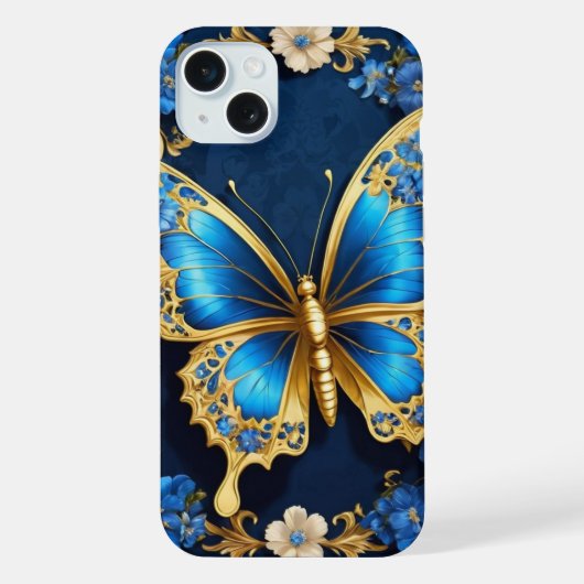 Diseño Elegante de Mariposa Dorada y Azul iPhoneケース (裏面)