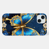 Diseño Elegante de Mariposa Dorada y Azul iPhoneケース (裏面横)