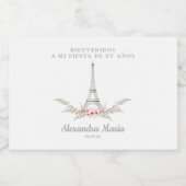 Diseño Floral Rosa Verde Torre Eiffel para Quince スパークリングワインラベル (シングルラベル)