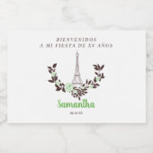 Diseño Floral Verde y Torre Eiffel para Quinceaños スパークリングワインラベル (シングルラベル)