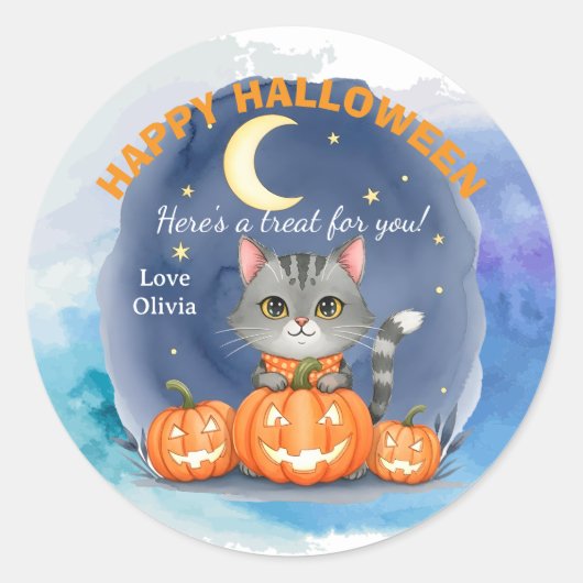 Diseño halloween gato y calabazas personalizable ラウンドシール (正面)