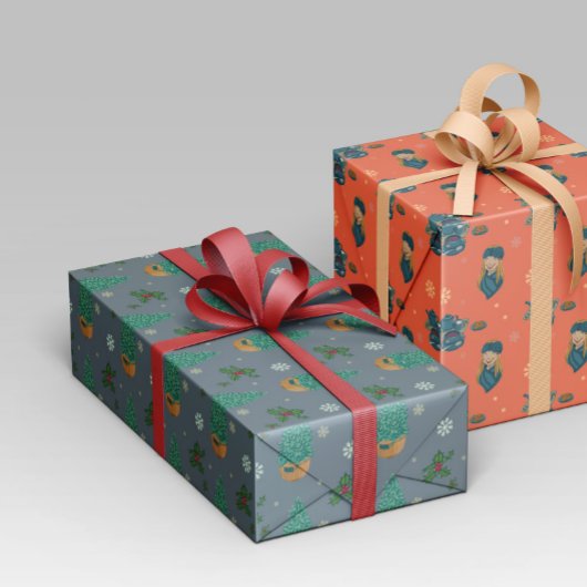 Diseño navideño con árbol, copos nieve y acebo. ラッピングペーパー