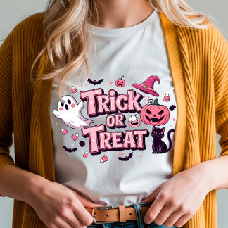 Diseño rosa de Halloween "Trick or Trea" Fantasma Tシャツ