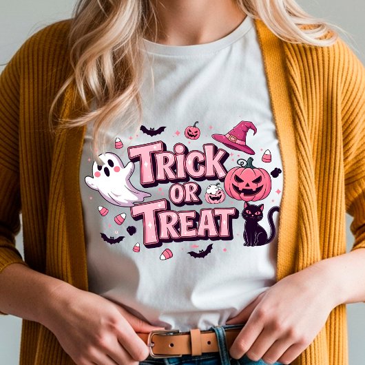 Diseño rosa de Halloween "Trick or Trea" Fantasma Tシャツ