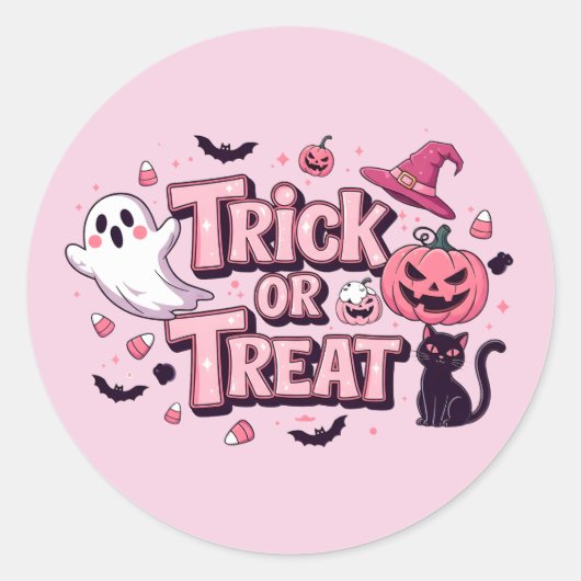 Diseño rosa de Halloween Trick or Treat ラウンドシール (正面)