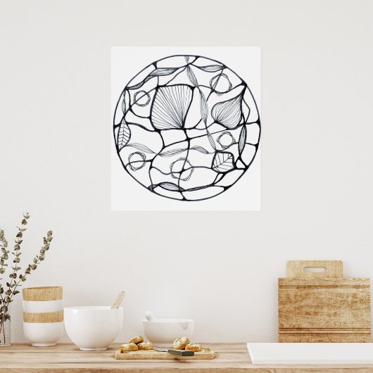 Diseño zen abstracto de hojas blanco y negro ポスター (キッチン)