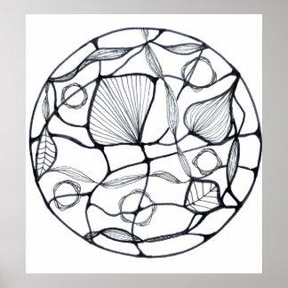 Diseño zen abstracto de hojas blanco y negro ポスター