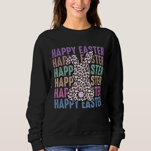 Distress Bunny Leopard Print Girls Women Happy Eas スウェットシャツ (正面)