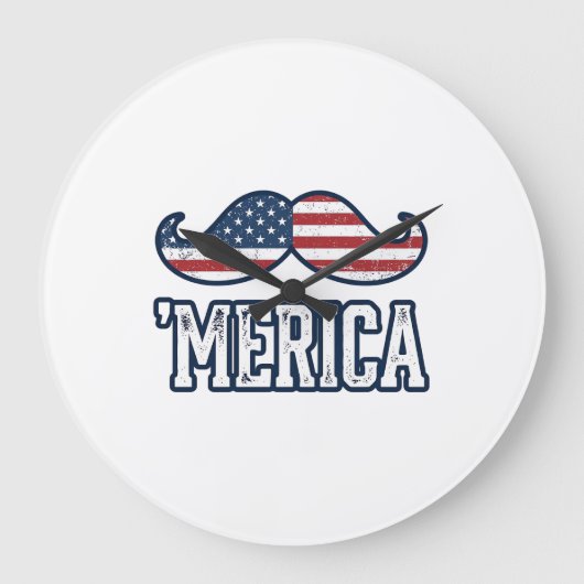 Distressed America Mustache Patriotic Vector Desig ラージ壁時計 (正面)