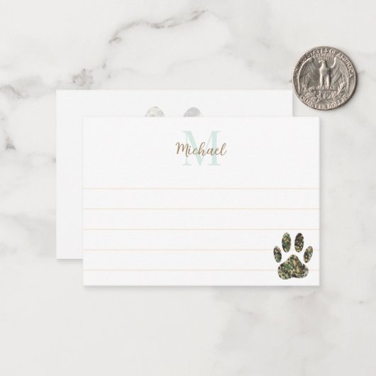 Distressed Camo Dog Paw Print Lined Monogram ノートカード (正面/裏面インサイチュ)