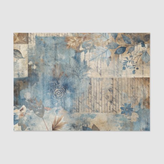 Distressed Ephemera Collage in Blue and Beige 薄葉紙 (正面)