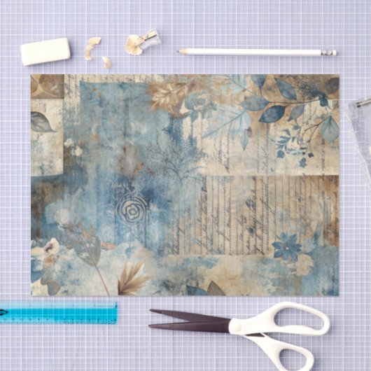 Distressed Ephemera Collage in Blue and Beige 薄葉紙 (クラフト)