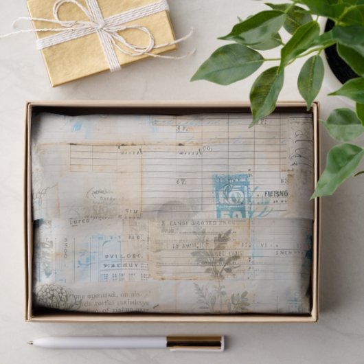 Distressed Ephemera Collage with Blue Highlights 薄葉紙 (ギフト)