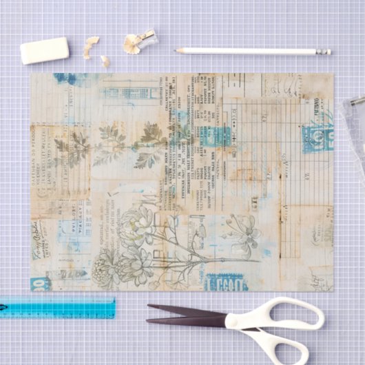 Distressed Ephemera Collage with Blue Highlights 薄葉紙 (クラフト)