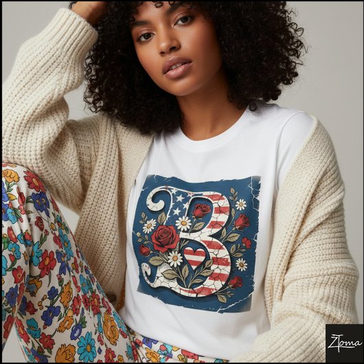 Distressed Flag Letter B Floral Monogram Tシャツ