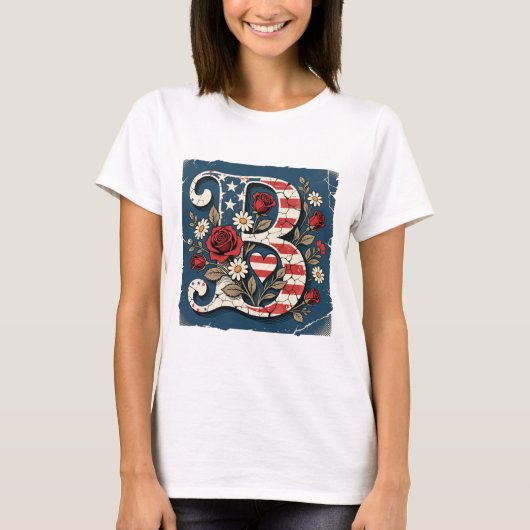 Distressed Flag Letter B Floral Monogram Tシャツ (正面)
