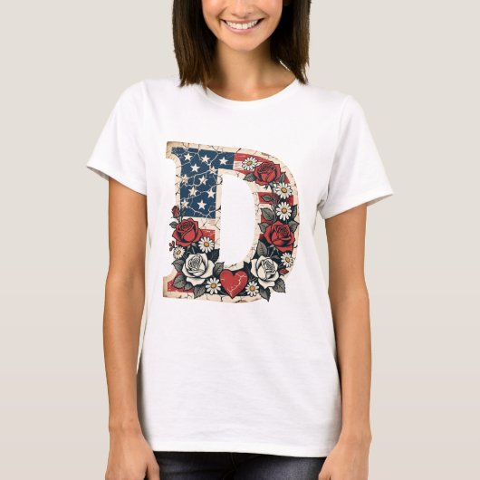 Distressed Flag Letter D Floral Monogram Tシャツ (正面)