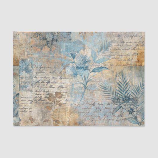 Distressed Grungy Blue Floral Ephemera Collage 薄葉紙 (正面)