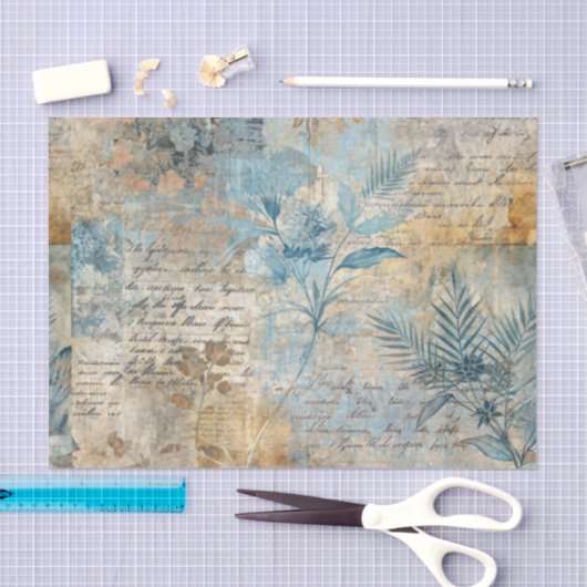 Distressed Grungy Blue Floral Ephemera Collage 薄葉紙 (クラフト)