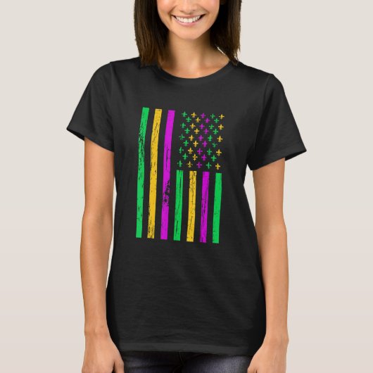 Distressed Mardi Gras American US Flag Carnival Fe Tシャツ (正面)