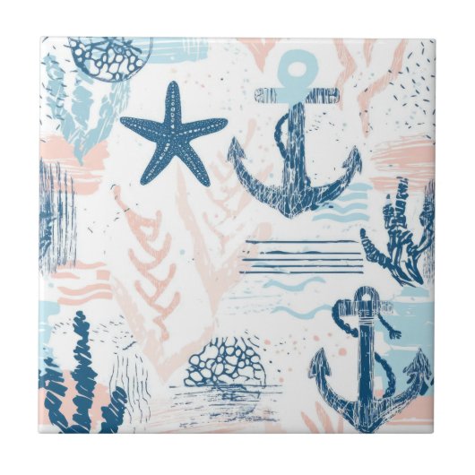 Distressed Nautical Anchor Starfish Blue Coastal タイル (正面)