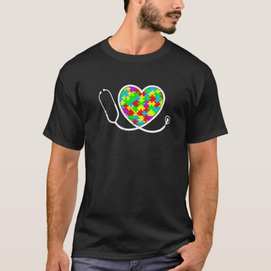 Distressed Nurse Autism Puzzle Stethoscope Heart A Tシャツ (正面)
