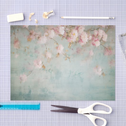 Distressed Pale Pink Floral Branches on Side of 薄葉紙 (クラフト)