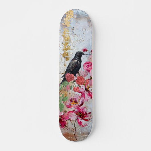Distressed Pink Florals Raven & Roses Skateboard  スケートボード (正面)