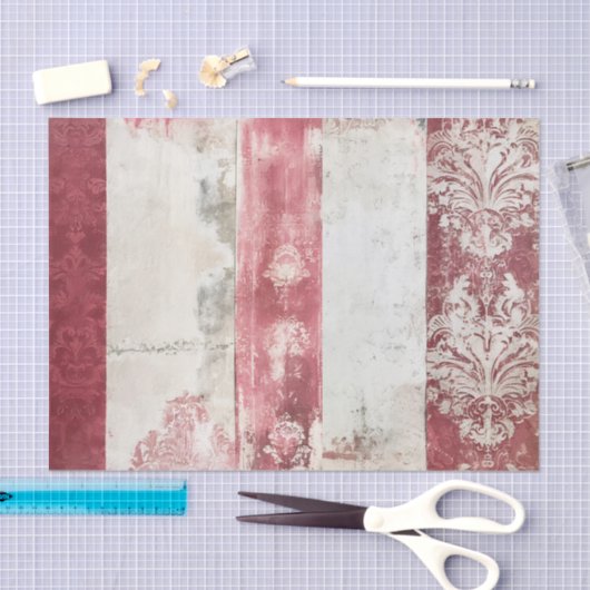 Distressed Red and White Damask Stripes 薄葉紙 (クラフト)