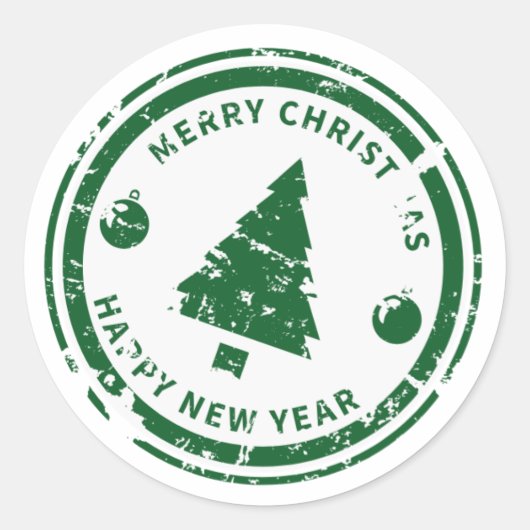 Distressed Stamp Green Holiday Christmas Tree ラウンドシール (正面)