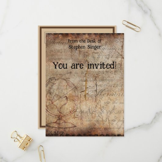 Distressed Steampunk Globe Travel Journal Paper インビテーションポストカード (正面/裏面インサイチュ)