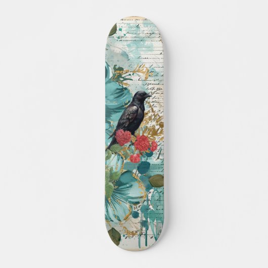 Distressed Teal Florals Raven & Roses Skateboard  スケートボード (正面)