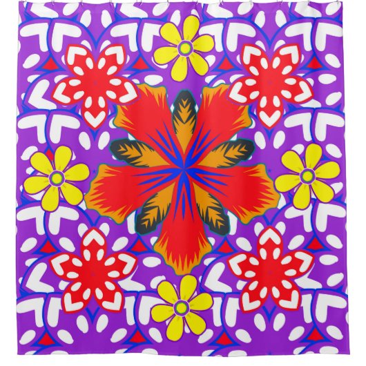 Ditsyかわいいフローラシームレスなパターンで白、赤a シャワーカーテン (正面)