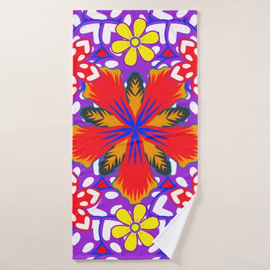 Ditsyかわいいフローラシームレスなパターンで白、赤a バスタオル (バスタオル)