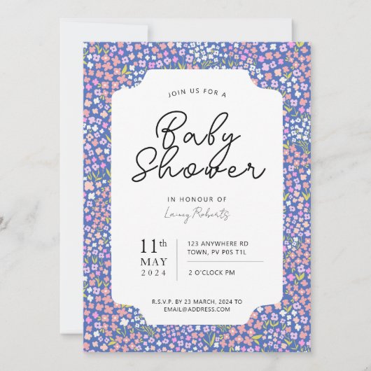 Ditsy忙しフローラピンクとインディゴブルー赤ちゃんシャワー 招待状 (正面)