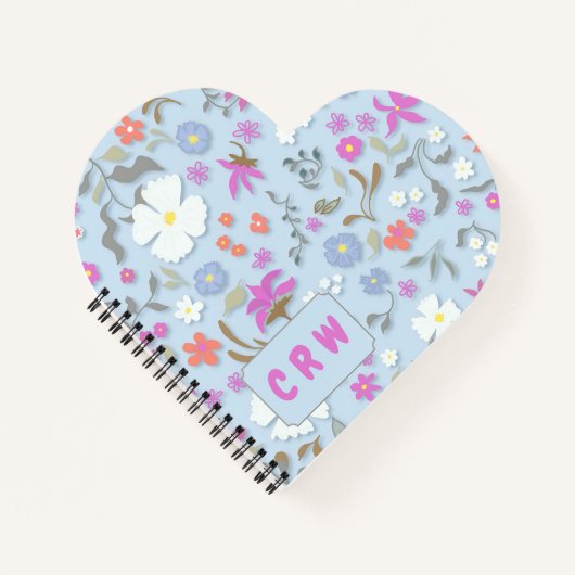 Ditsy Pop Floral Art Monogrammed Heart Shape ノートブック (正面)