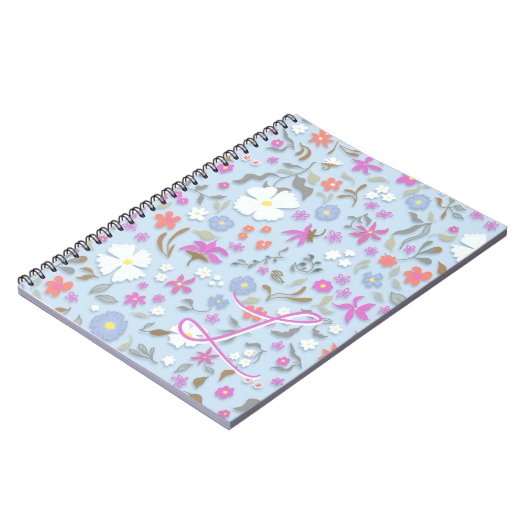 Ditsy Pop Floral Art Sky Blue Initial ノートブック (左側)