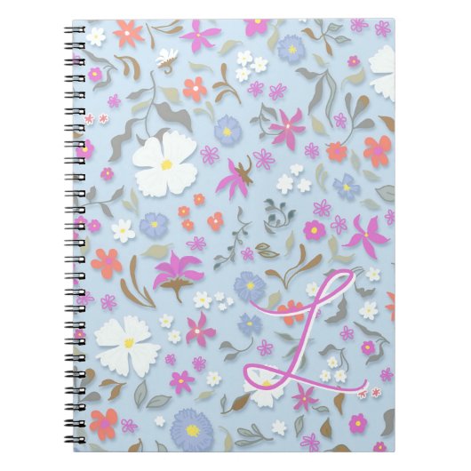 Ditsy Pop Floral Art Sky Blue Initial ノートブック (正面)
