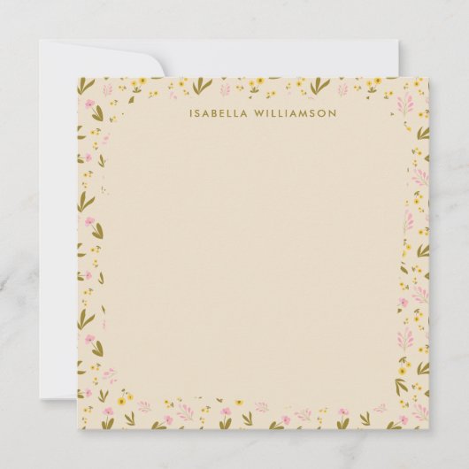 Ditsy+Wildflower+Border+Pink+Yellow+カスタム名入り ノートカード (正面)