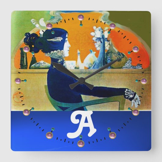 DIVAインブルー，美しいファッションモノグラム スクエア壁時計 (正面)