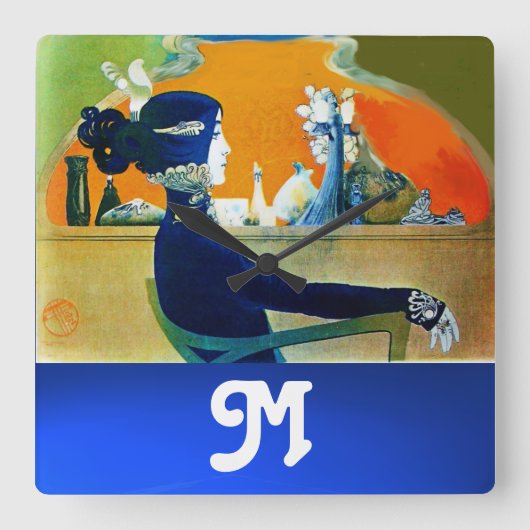 DIVA IN BLUE,美しいファッションモノグラム スクエア壁時計 (正面)