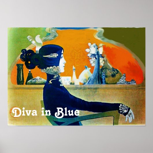 DIVA IN BLUE /美しい,ヘア,ファッションアールヌーボー ポスター (正面)
