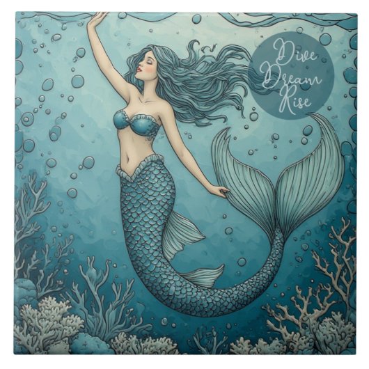 Dive Dream Rise Ocean Coral Reef Mermaid Inspiring タイル (正面)