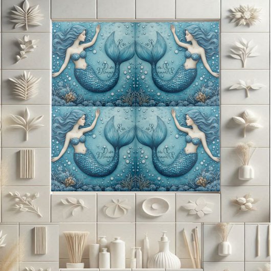 Dive Dream Rise Ocean Mermaid Aqua blue Coral Reef タイル