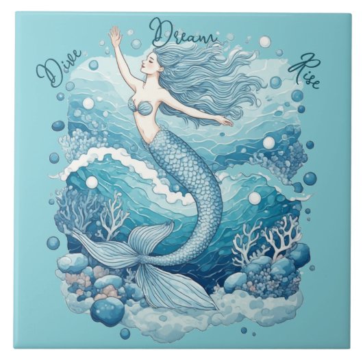 Dive Dream Rise Ocean Mermaid Aquablue Empowerment タイル (正面)