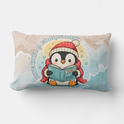 Dive Into A Good Story Cute Reading Penguin Pillow ランバークッション (正面)