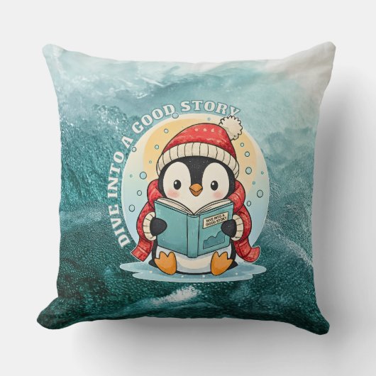 Dive Into A Good Story Reading Penguin Pillow クッション (正面)